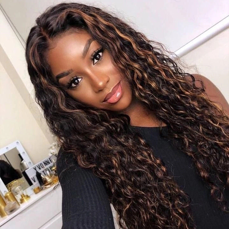 Women's Black Mid-length Curly Hair Head Cover Fiber African Wig Long Curls