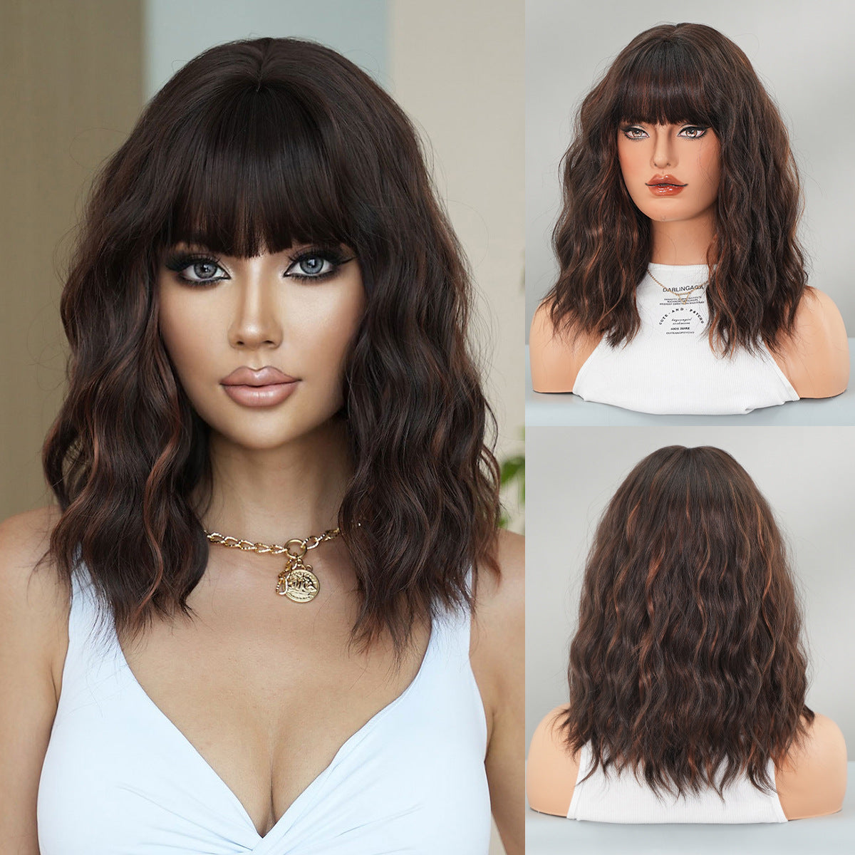 Curly Female Temperament Beauty Collarbone Length Haircut Daily Full Top Wig Long Curls