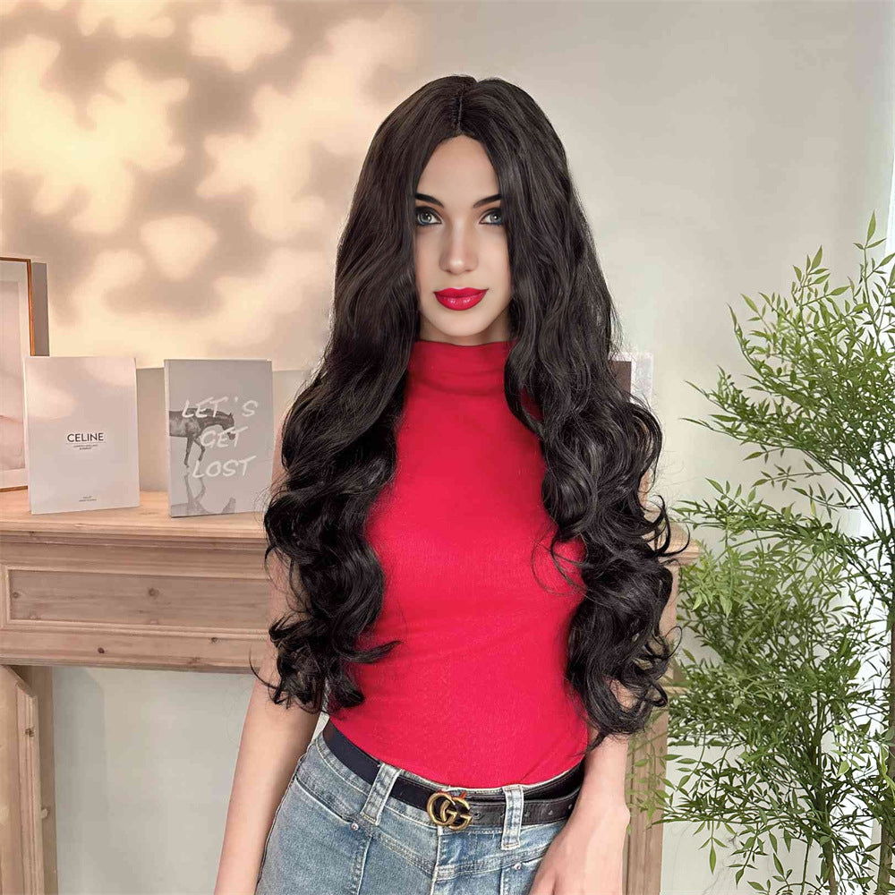 Women's Big Wave Mid-length Black Curly Head Wig Long Curls
