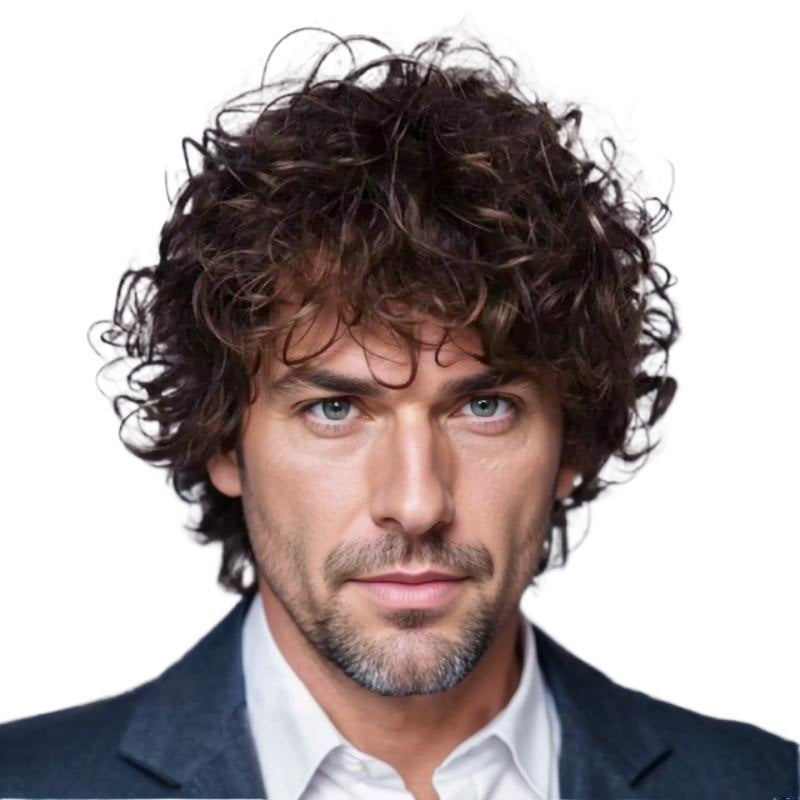Men's Fluffy Dark Brown Bangs Short Hair Curly Piece Men's Wig