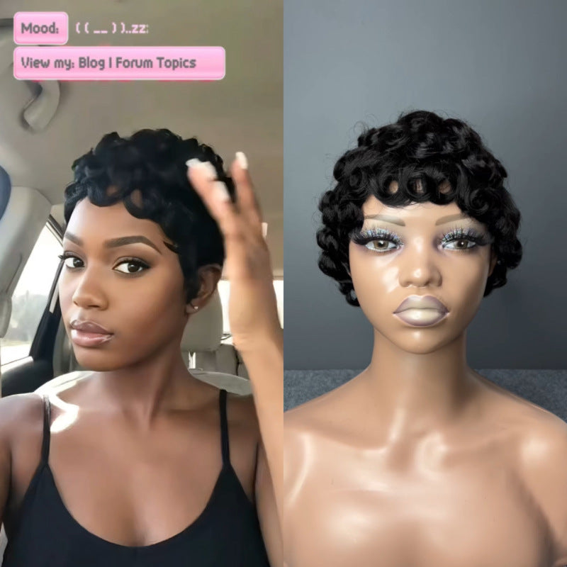 Classic Comfortable Pretty Curly Black Natural Wig Short Straight Hair
