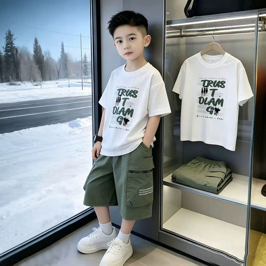 Short-sleeved Summer Middle Big Sports Leisure Trendy Fried Street Children's Suit