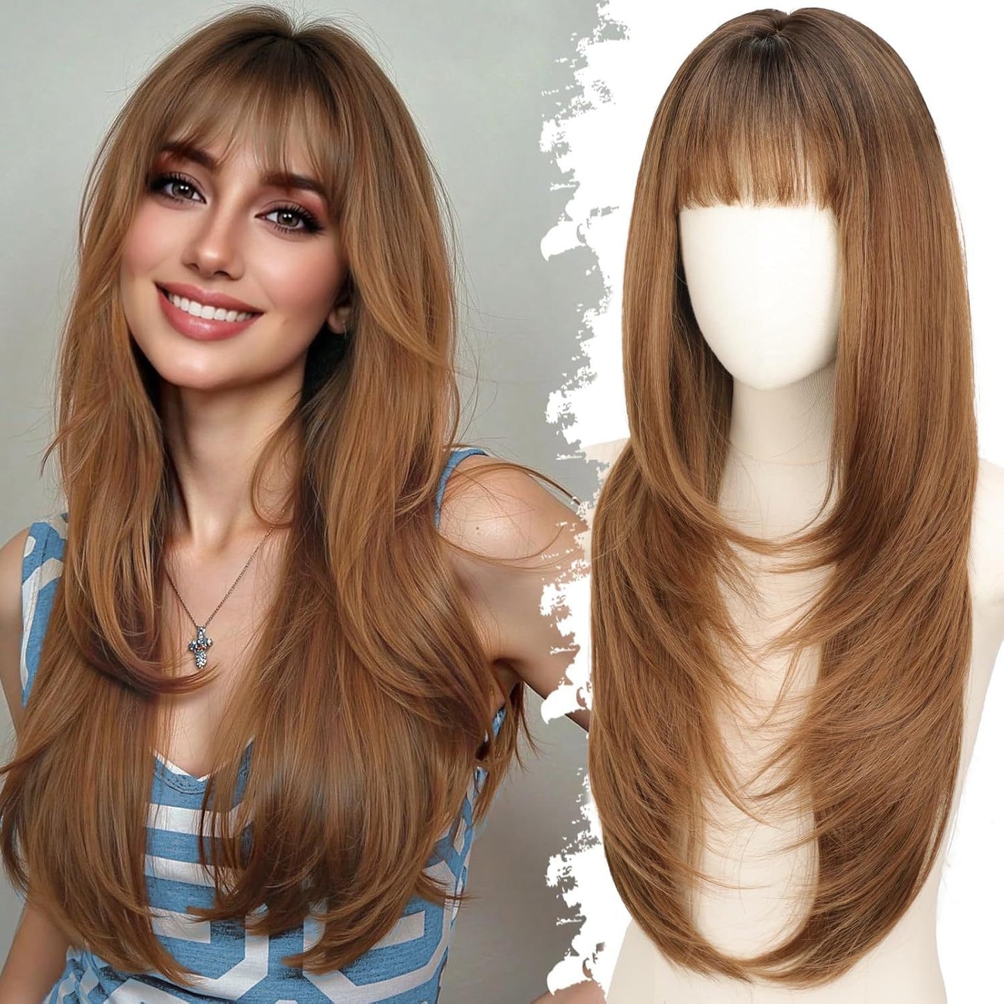 Female Straight Bangs Layered Hair Scalp Synthetic Wig Long Curls