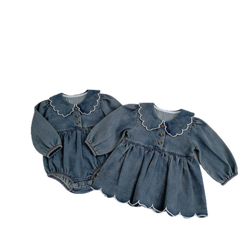 Infant Jumpsuit Wave Lace Denim Princess Dress Western Jumpsuit, Climbing Suit