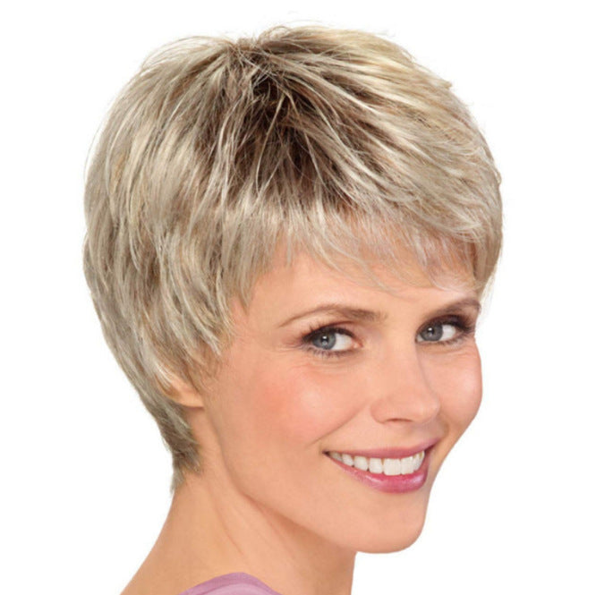 Golden Female Gray Gold Color Head Cover Wig Short Curly Hair