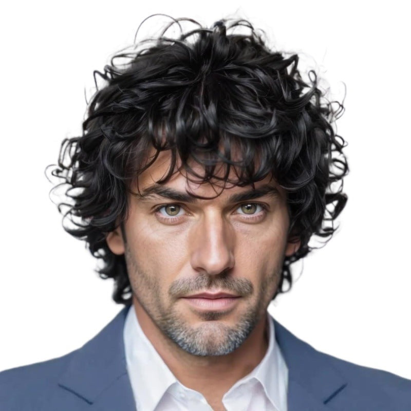 Men's Fluffy Dark Brown Bangs Short Hair Curly Piece Men's Wig