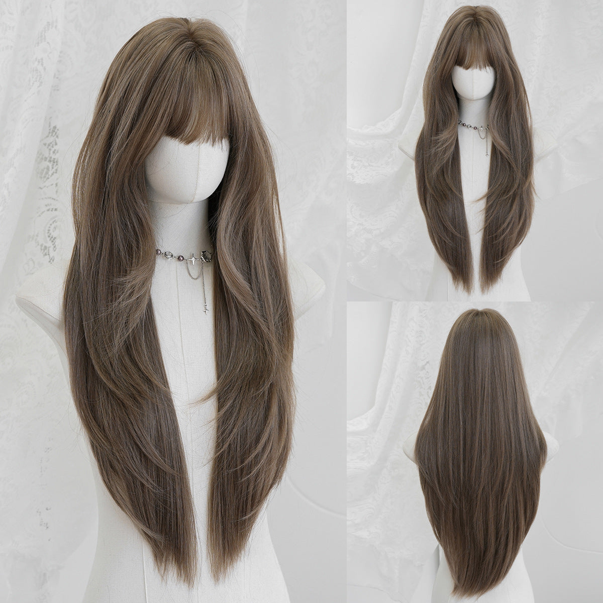 Black Full Top Bangs High Quality Chemical Long Straight Wig