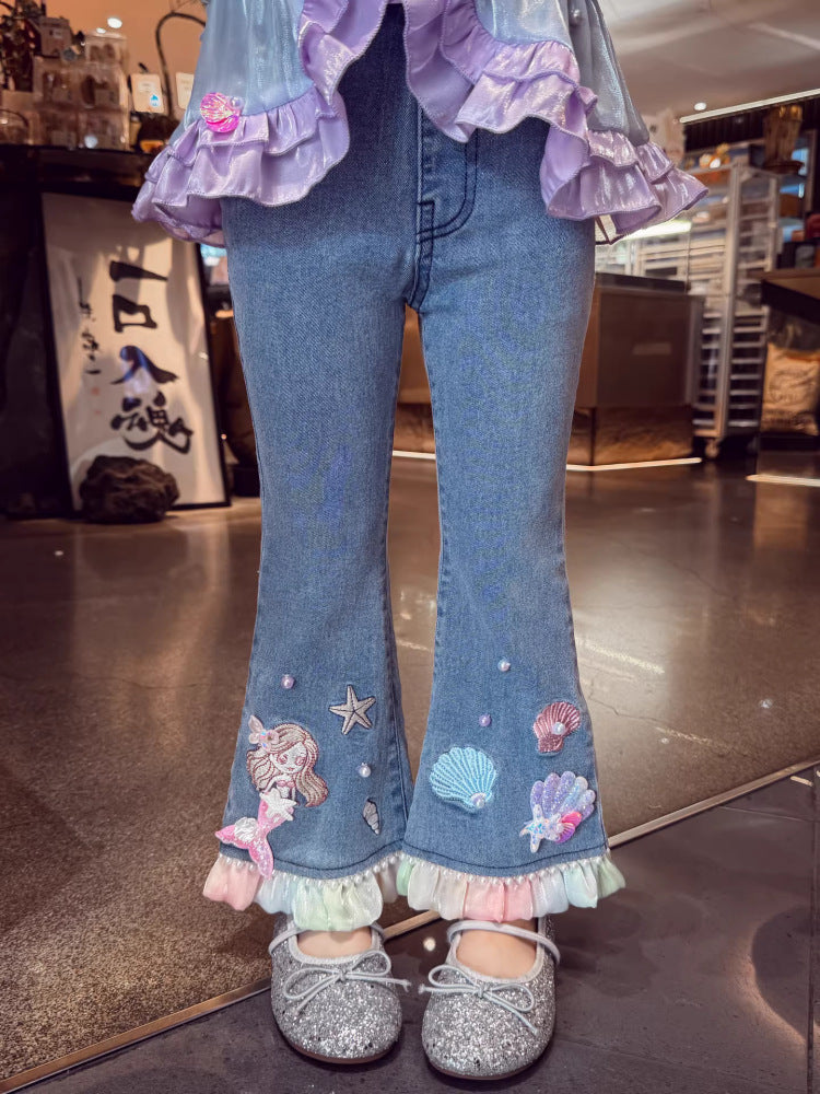 Children's Jeans Fashionable Bell-bottom Cartoon Mermaid Trousers Children's Pants