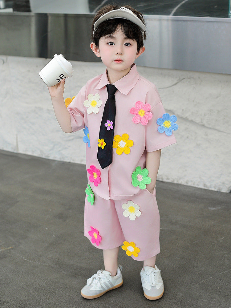 Children's Short-sleeved Tie Shirt Three-piece Kindergarten Performance Clothes Graduation Children's Suit