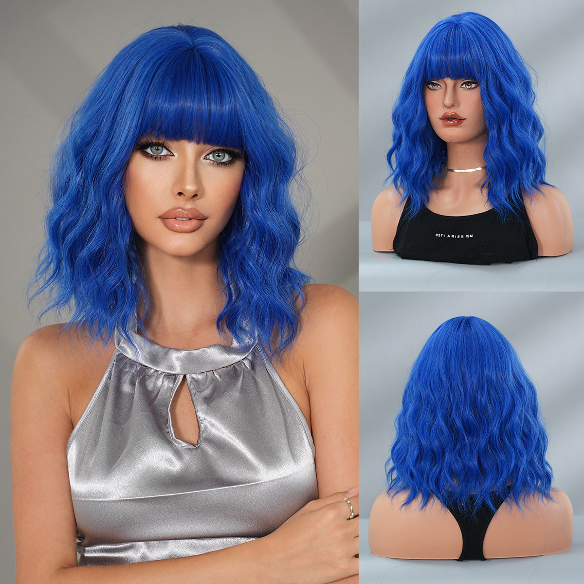 Gradient Blue Female Straight Bangs Water Ripple Head Chemical Wig Short Curly Hair