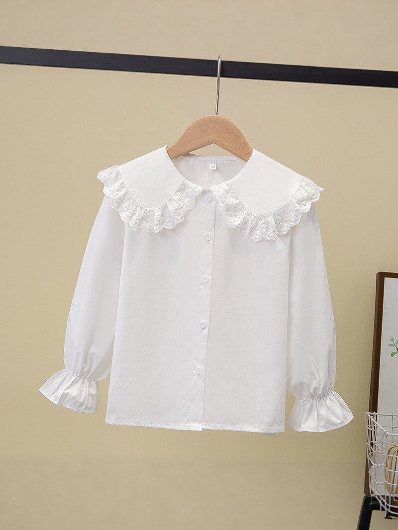 White Doll Collar Pure Cotton Long-sleeved Lace Lapel Princess Children's Shirt