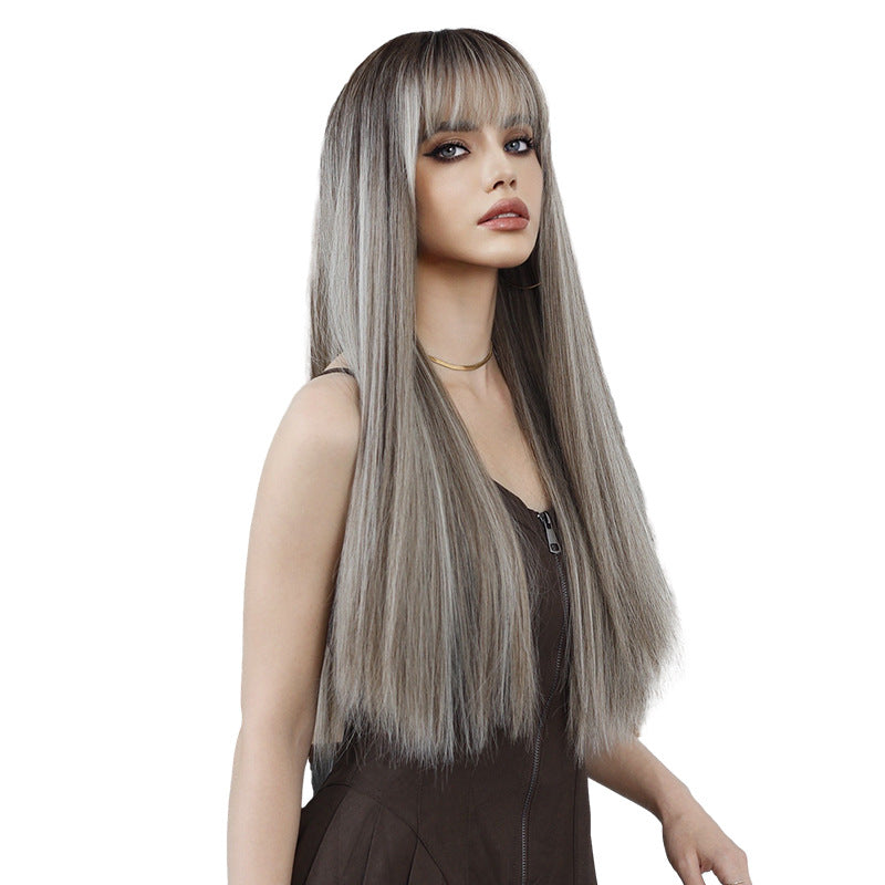 Women's Linen Brown Highlight Hair Fashion Chemical Long Straight Wig
