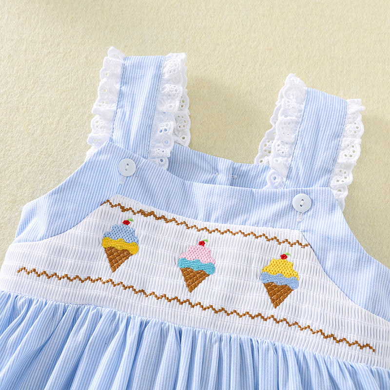 Princess Cute Cartoon Embroidery Ice Cream Smocking Blue Children's Dress