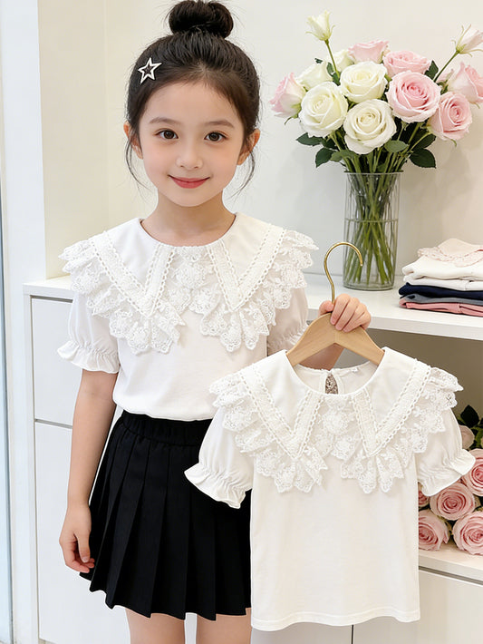 Children's Ice Porcelain Cotton Short-sleeved Shirt Summer Little Lace Collar Children's T-shirt