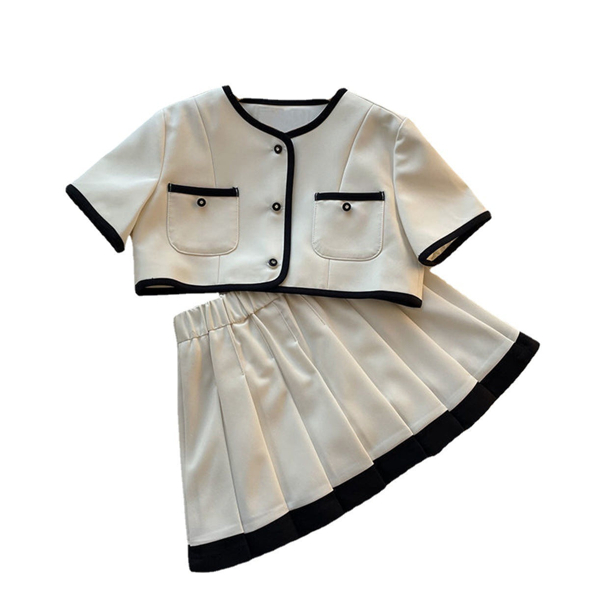 Children's Summer Small Solid Color Two-piece Set Short Sleeve Top Pleated Children's Suit