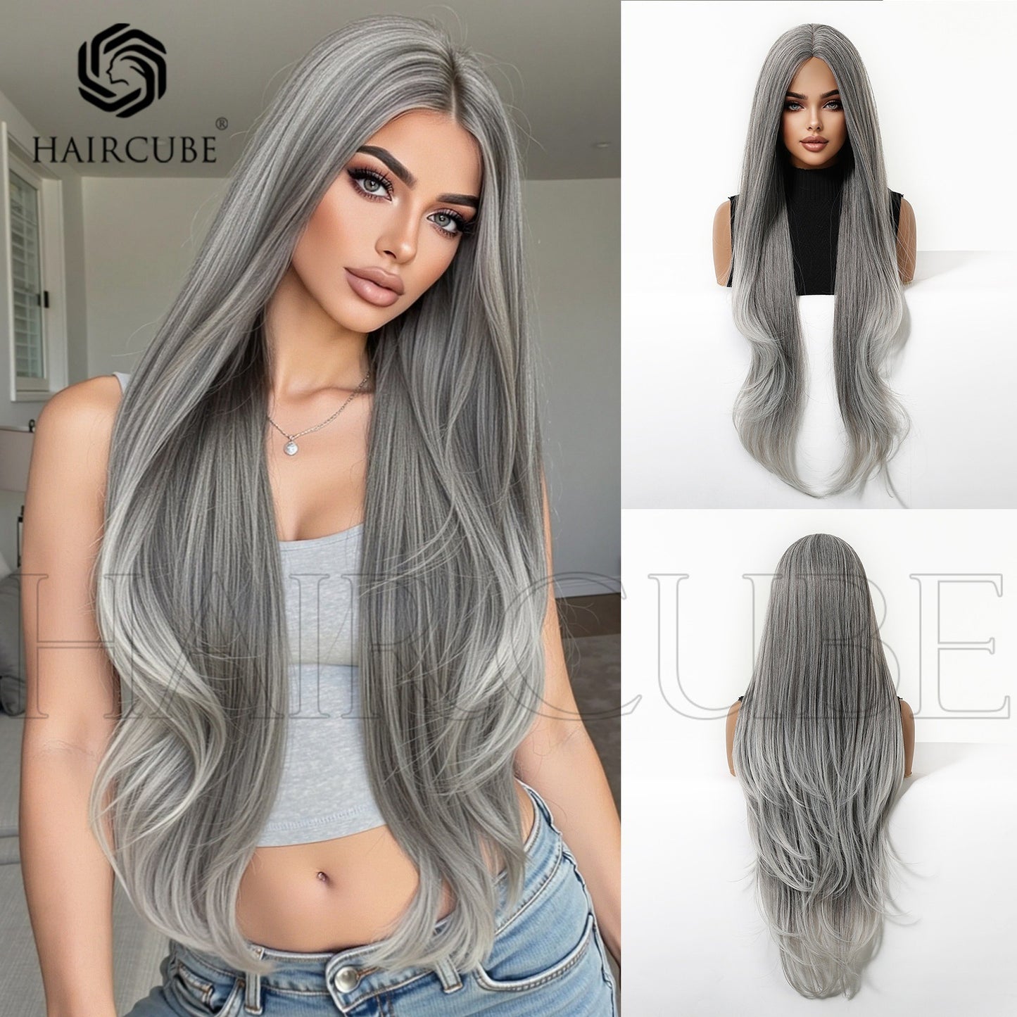 Gray White Gold Color Brown Head Long Straight Wig