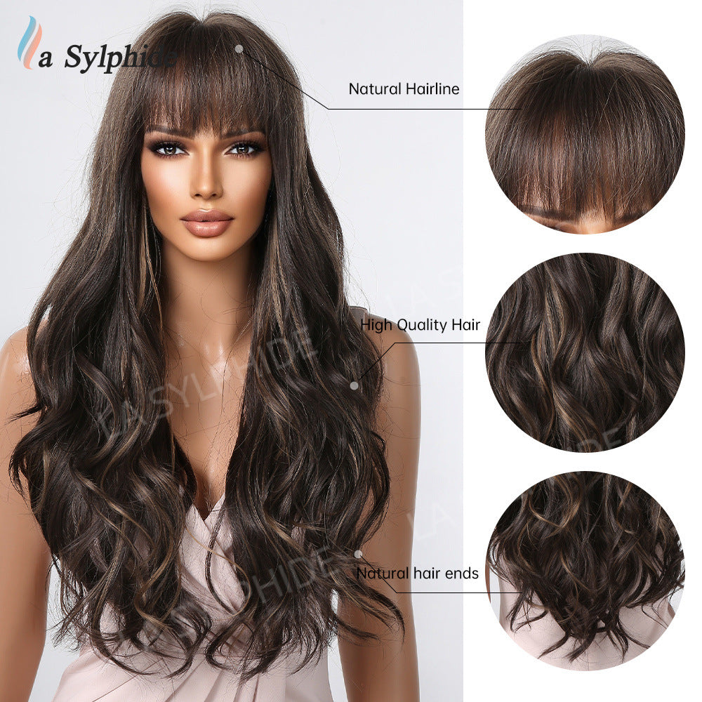 Fringe Curly Hair Highlights Brown Big Wave Wig Long Curls