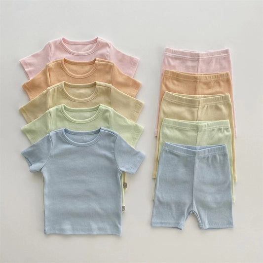 Shorts Soft Two-piece Solid Color Rib Children's Suit