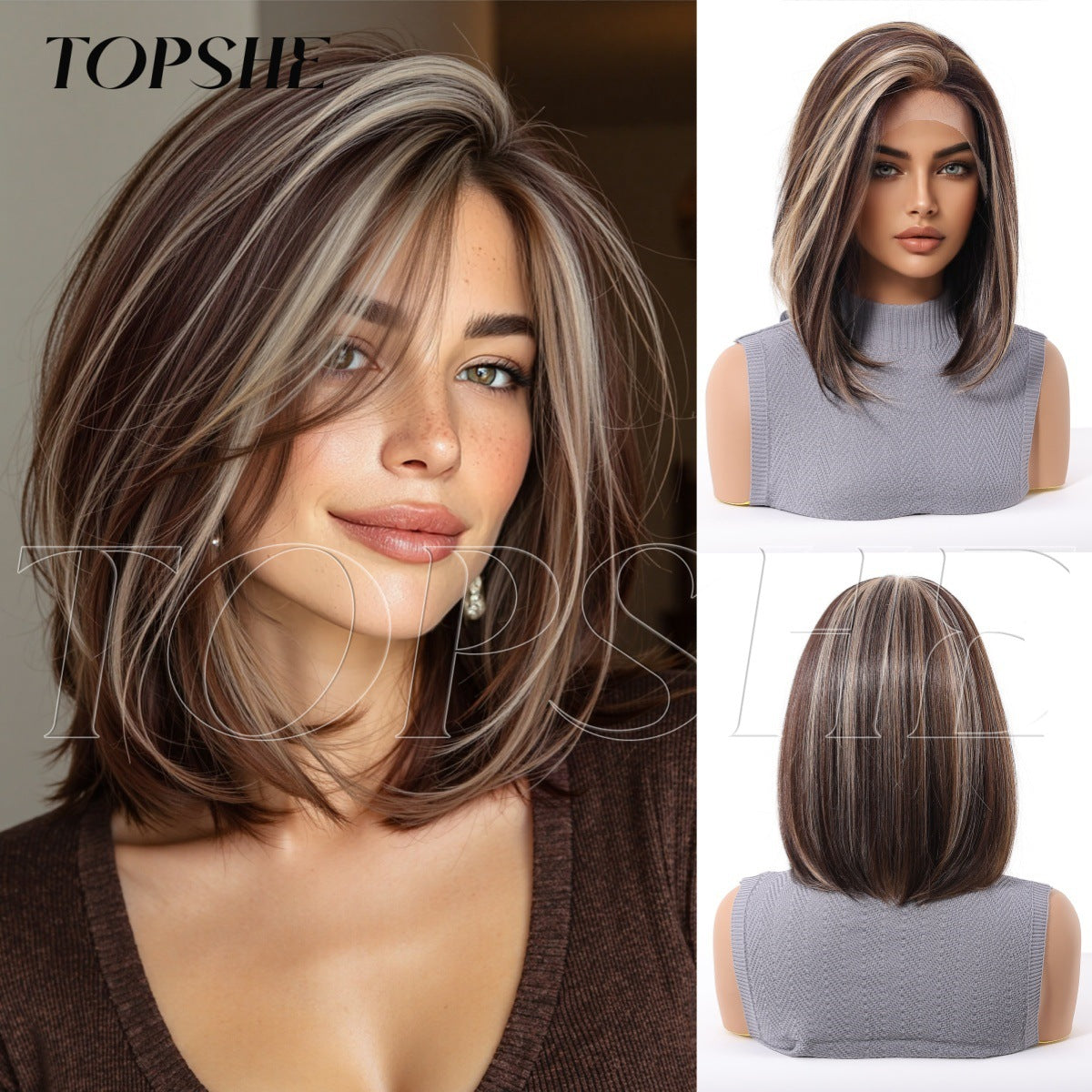 Area Lace Dark Brown Natural Realistic Matte Wig Short Straight Hair