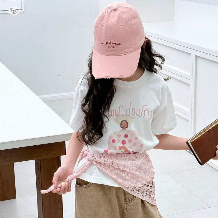 Summer Shawl Fake Two-piece Printed Fresh Casual Teens Tops Short Children's T-shirt