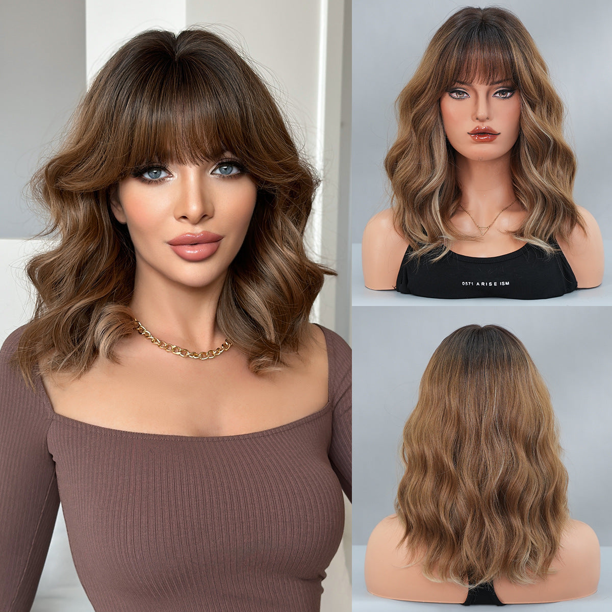 Gradient Brown Mid-length Wavy Curly Hair With Bangs On The Other Wig