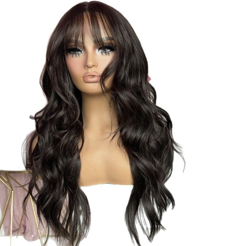 Women's Front Lace Synthetic Wigs Black Brown Bangs Wig Long Curls