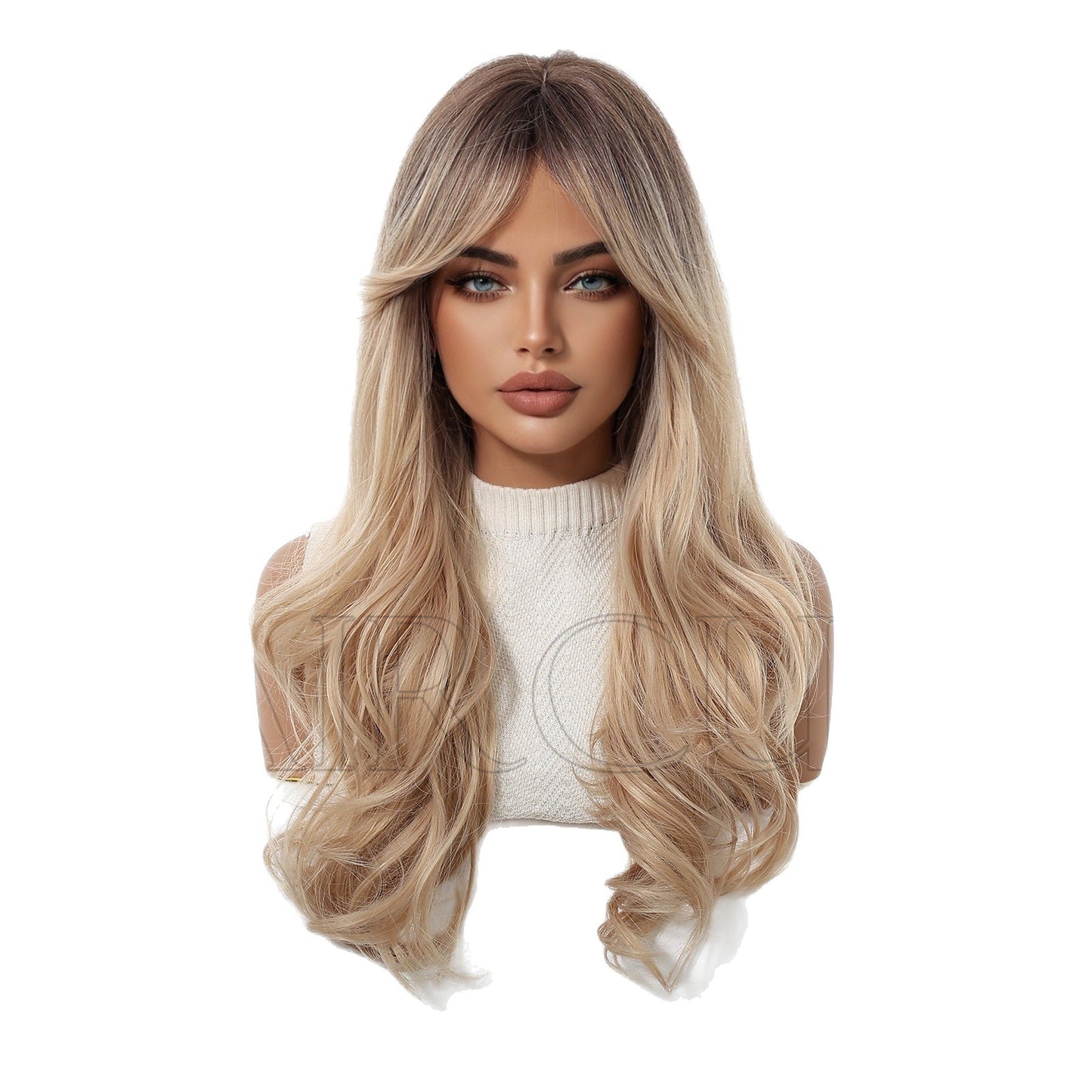 Curly Hair Gradient Bangs Golden Chemical Fiber Female Wig Long Curls