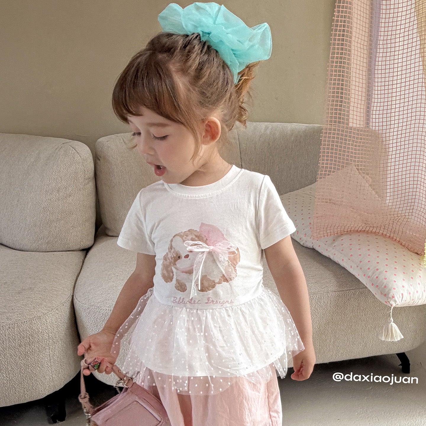 Children's Style Soft Adorable Puppy Printed Lace Bow Children's T-shirt