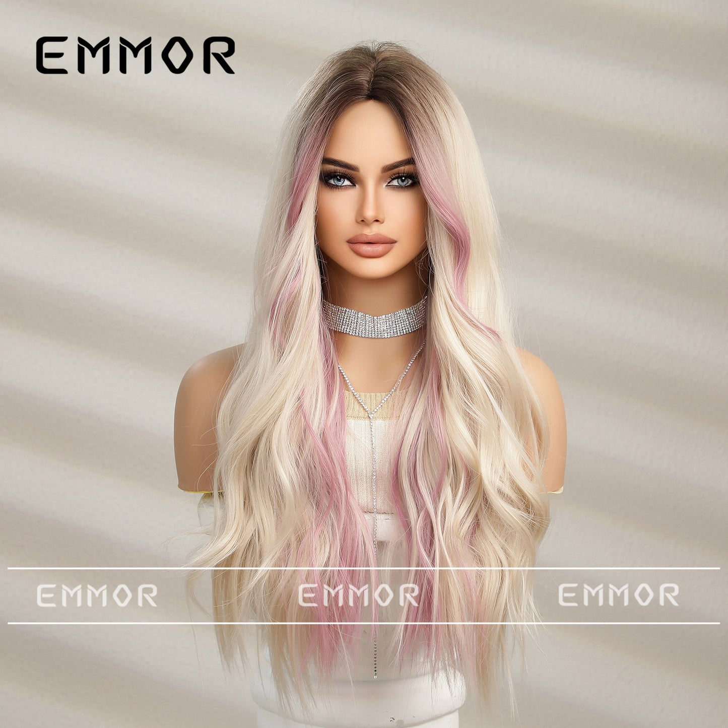 Natural Medium Gradient Gold Highlight Dyed Pink Curly Hair Full Wig Long Curls