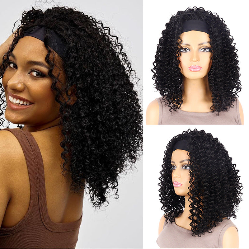 Black Band Head Cover Ice Ribbon Hand Wrapped Small Wig Short Curly Hair