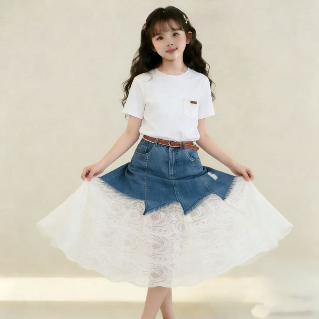 Children's Summer Short-sleeved Denim Lace Skirt Western Children's Suit