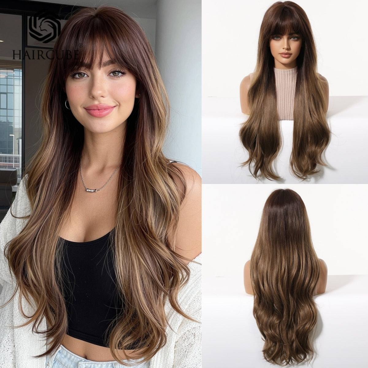 Roll Curly Hair With Bangs Natural Dark Brown Daily Chemical Wig Long Curls
