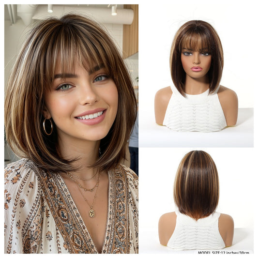 Gradient Brown Highlights Air Bangs Natural Realistic Chemical Fiber Full Wig Short Straight Hair