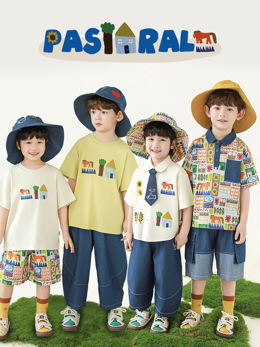 Lapel Lightweight Short-sleeved T-shirt Loose Jeans Pastoral Children's Shirt