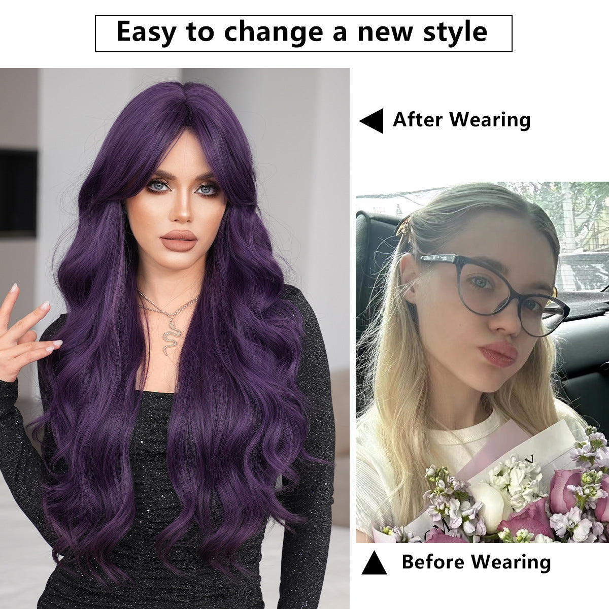 Purple Female Long Curly Hair Natural Fluffy Dark Wind Other Wig