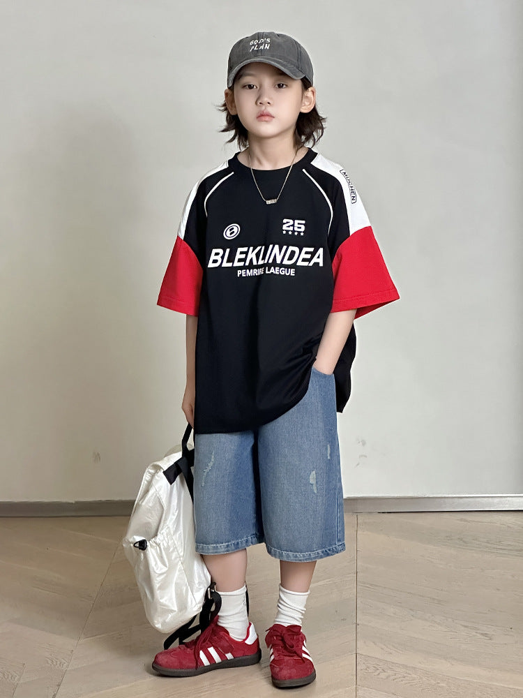 Children's Summer American Stitching Card Rope Printed Short Children's T-shirt