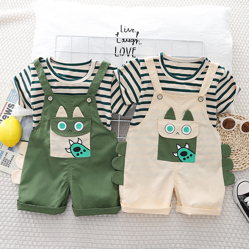 Children's Clothes For Babies Summer Short-sleeved Split Striped Suspender Pants Children's Suit