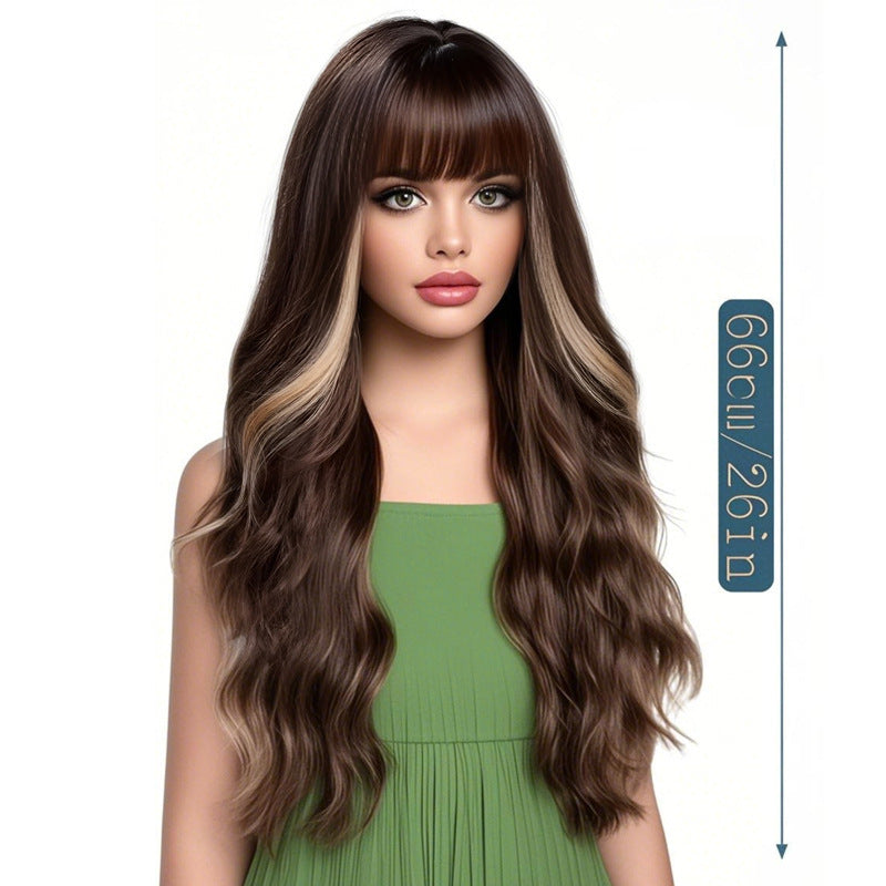 Scalp Head Dyed Black Brown Hair Straight Bangs Synthetic Wig Long Curls