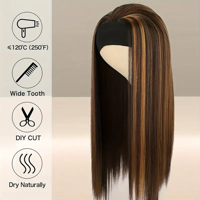 Band Inch Fashion Brown Gold Mixed Color Fiber Long Straight Wig