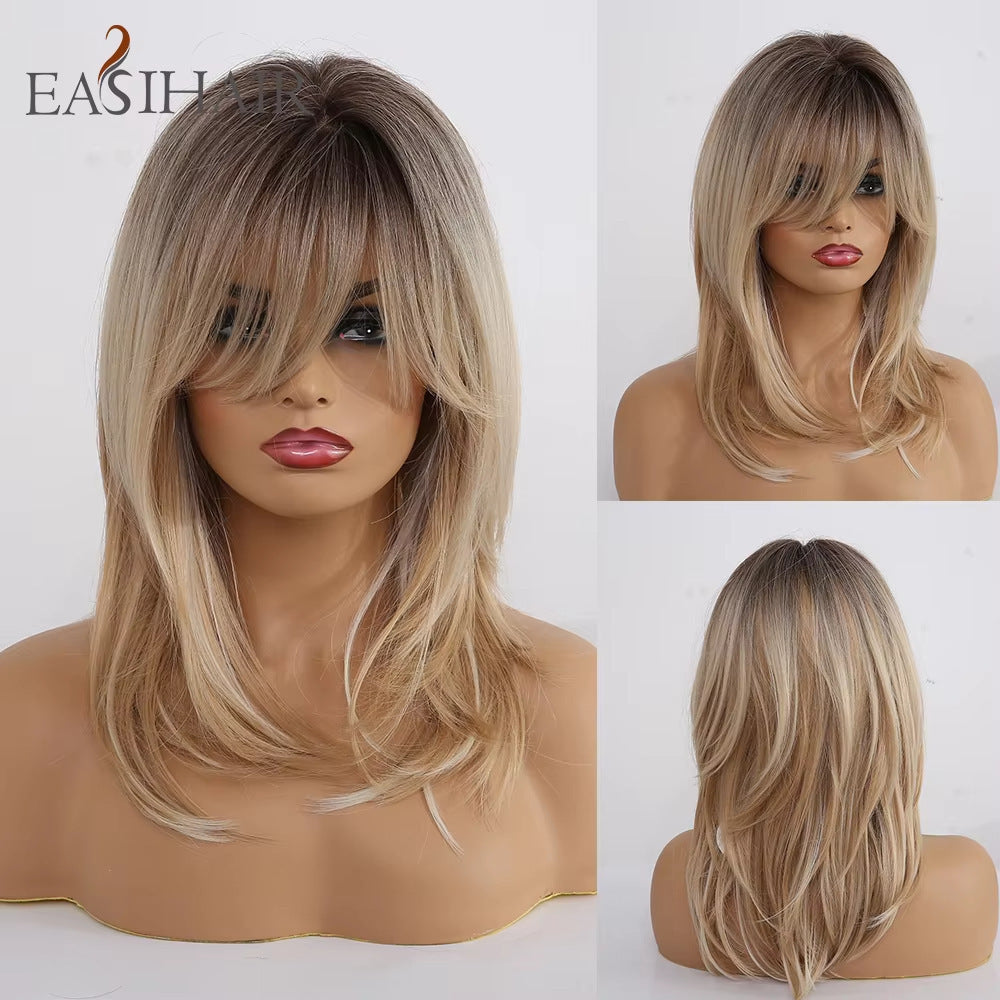 Shawl Mid-length Hair Black Gray Highlight Wig Long Curls