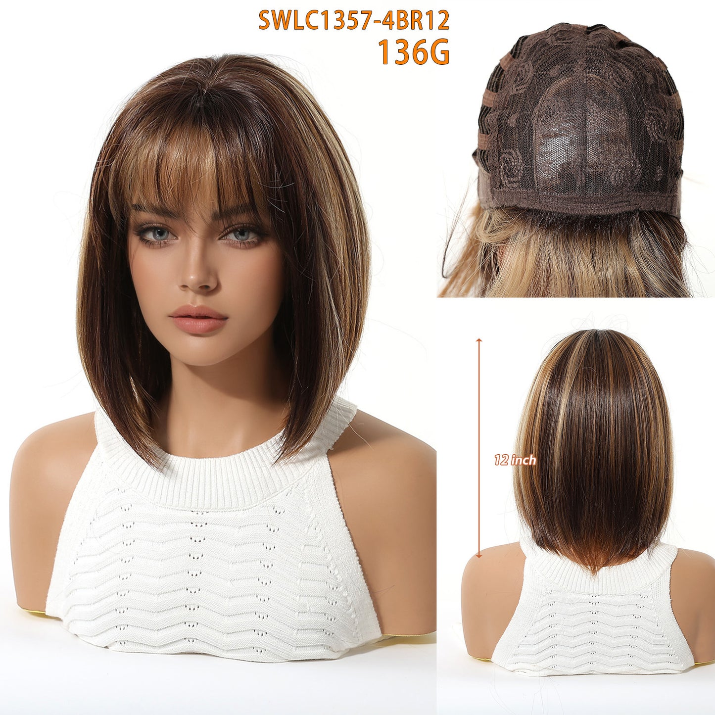 Women's Gradient Brown Highlights Artificial Human Fiber Wig Short Straight Hair