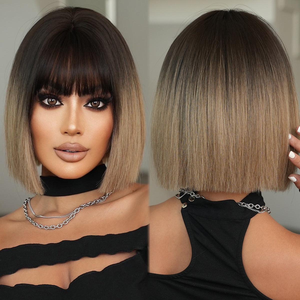 Women's Gradient White Tea Female Artificial Fluffy Wig Short Straight Hair