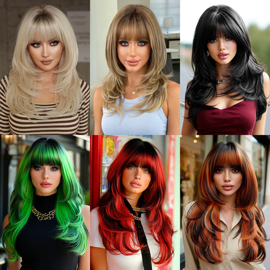 Quality Platinum Female Layered Texture Hair Bangs Natural Heat-resistant Long Straight Wig
