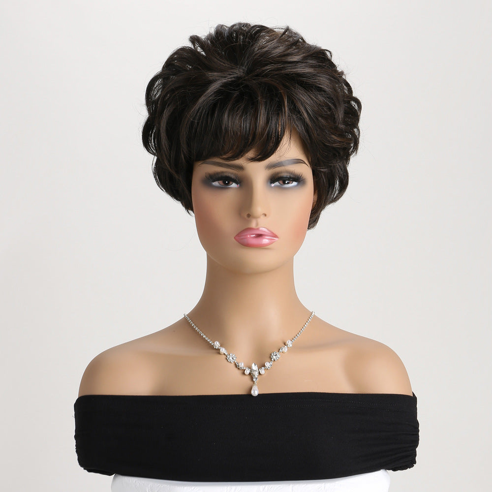 Women's Fashion Fluffy Side Bangs Black Brown Pick Color Wig Short Curly Hair