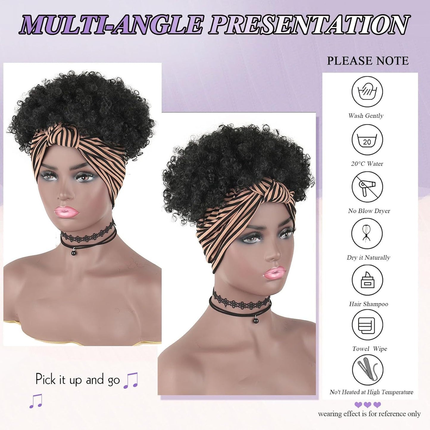 Women's African Fashion Black Small Turban Head Cover Hand Wrap Wigs Wig Short Curly Hair