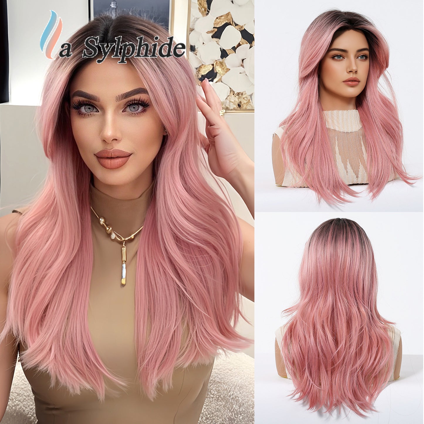 Live Broadcast Brown Golden Gradient Rose Net Mechanism Bangs Fashion Wig Long Curls