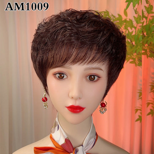Women's Full Human Mother's Sheath Short Breathable Real Hair Wig