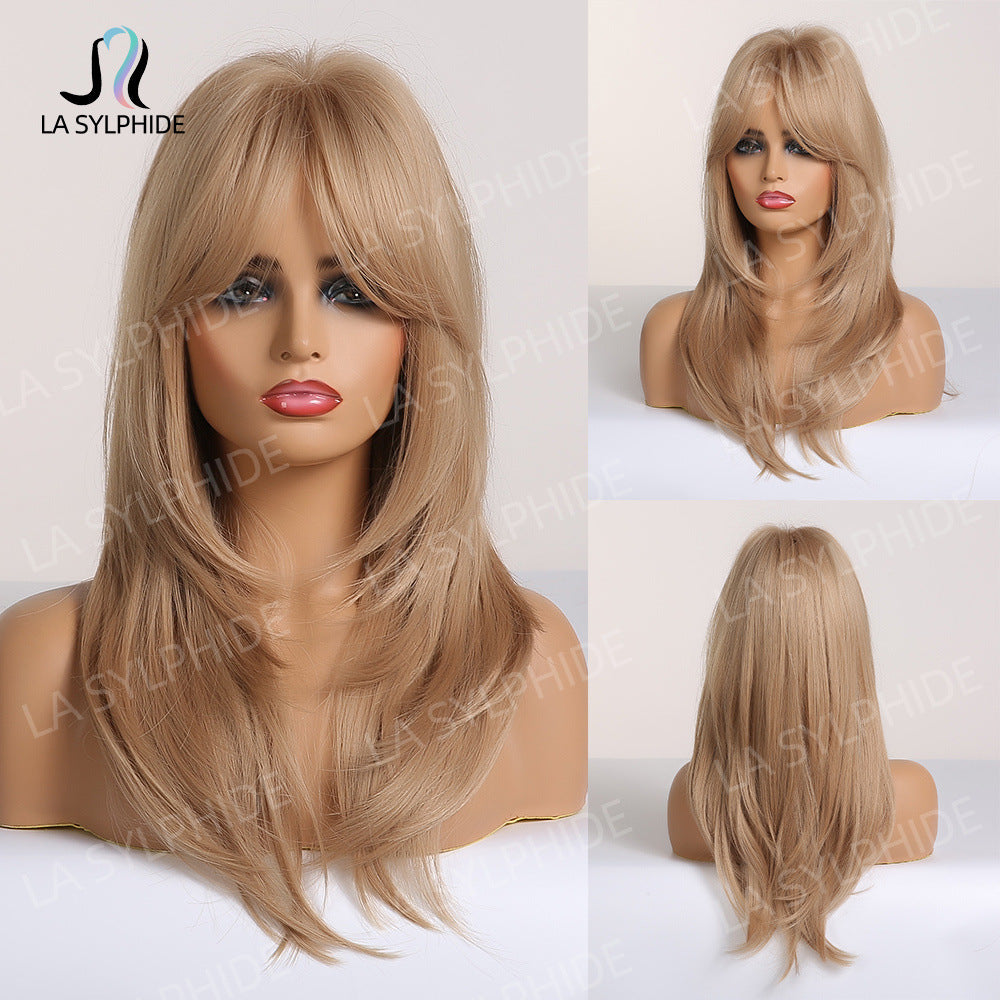 Bangs Mid-length Texture Hair Intellectual Female Mechanism Golden Synthetic Wigs Long Straight Wig