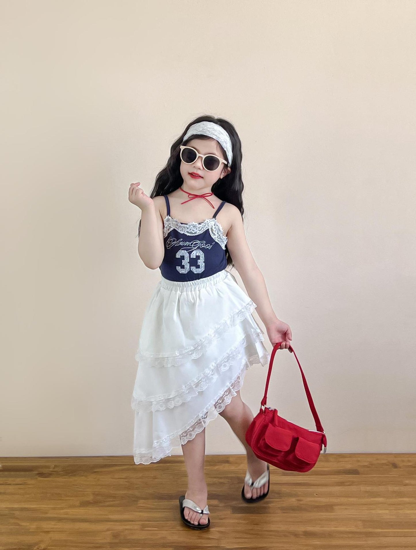 Sweet Spicy Style Lace Printed Strap Irregular Edge Stitching Safety Children's Suit