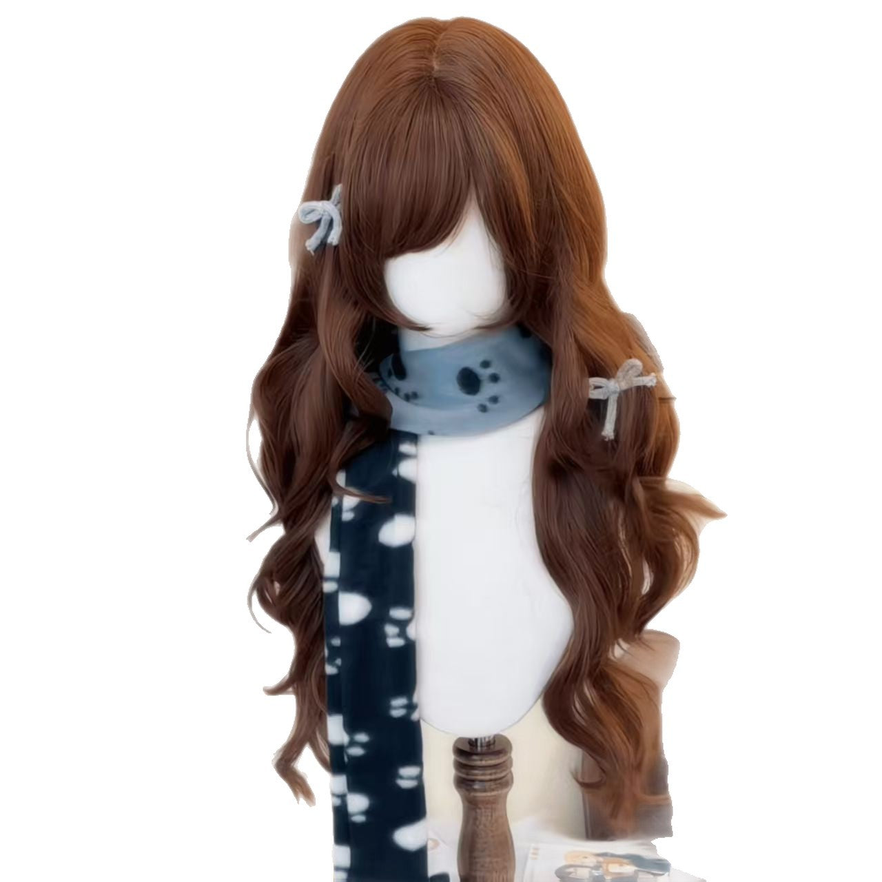Winter Warm Sun Female Curly Hair Chocolate Brown Side Bangs Wig Long Curls